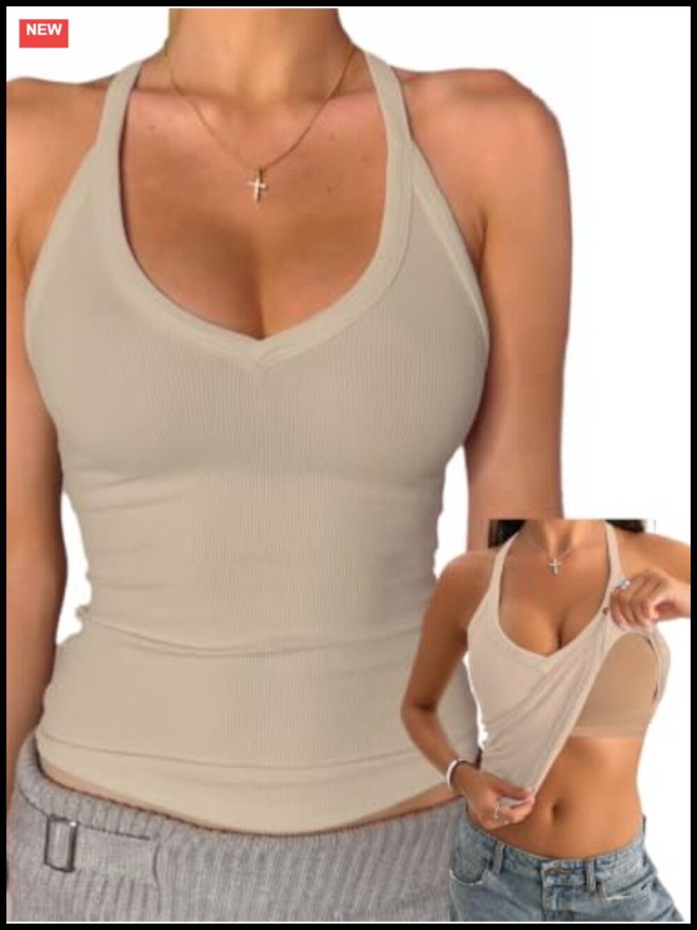 V Neck Cotton Tank Top with Built-in Shelf Bra Racerback Fitted Cami